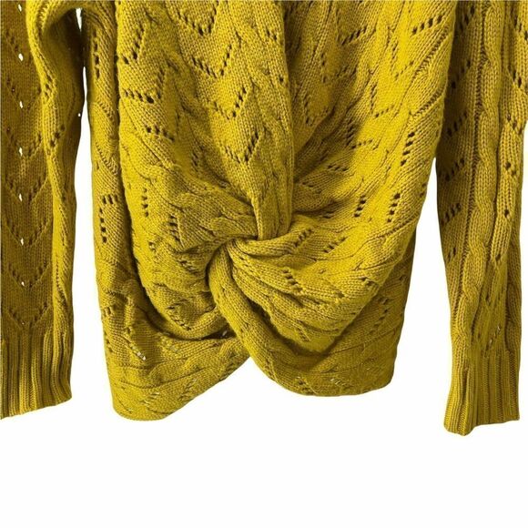 Marigold Yellow V Neck Sweater Womens Size 3XL Twist Front Cable Knit Pointelle - Picture 2 of 6